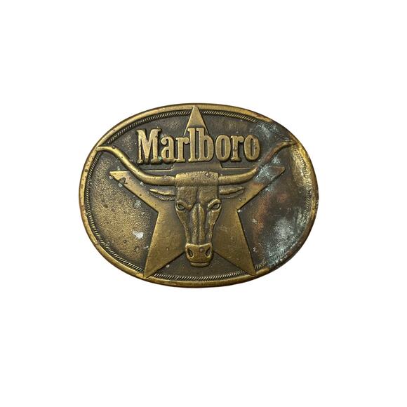 Vintage Solid Brass 1987 Marlboro Belt Buckle Moderate Condition Oxidation - Picture 1 of 2